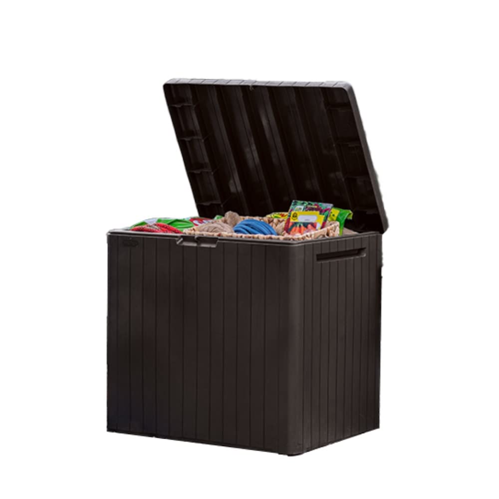Keter City 30 Gallon Resin Outdoor Storage Box and Patio Furniture Side Table for Pool and Garden Accessories, Beige