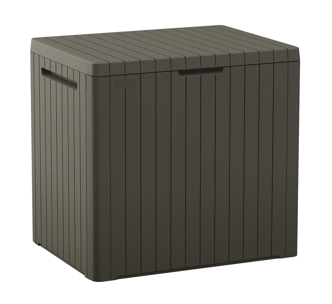 Keter City 30 Gallon Resin Outdoor Storage Box and Patio Furniture Side Table for Pool and Garden Accessories, Beige
