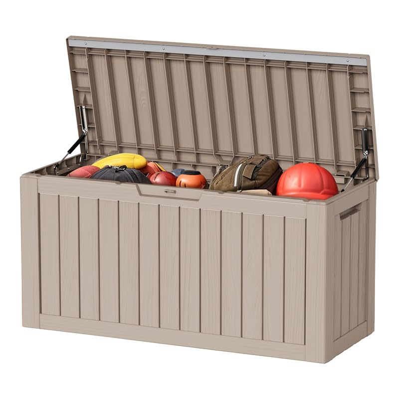 PatioZen 31 Gallon Wicker Pattern Resin Deck Box, Lockable Patio Outdoor Storage Box for Furniture, Garden Tools and Tools Storage, Waterproof Outside Storage Box (Grey)