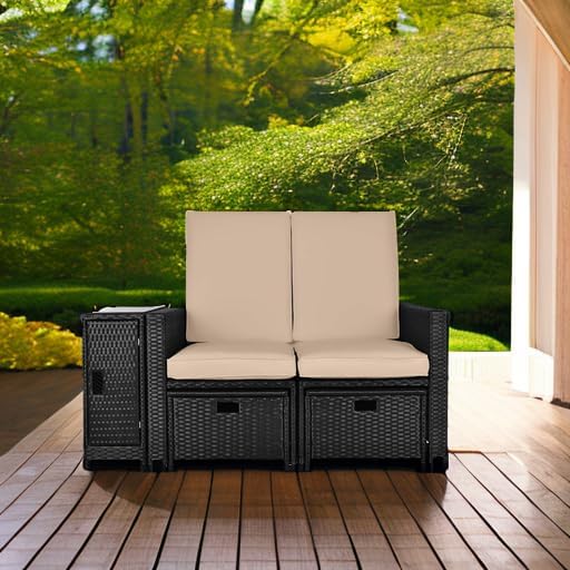 5PCS Outdoor Wicker Chaise Lounge Chair - Rattan Adjustable Reclining Patio Lounge Chair with Ottoman and Coffee Table, for Patio Beach Pool Backyard (Black Wicker Khaki Cushion)
