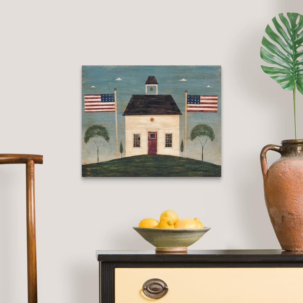 CANVAS ON DEMAND School House Canvas Wall Art Print by Warren Kimble, Home Decor, Patriotic, American Flag Artwork,20" x16in