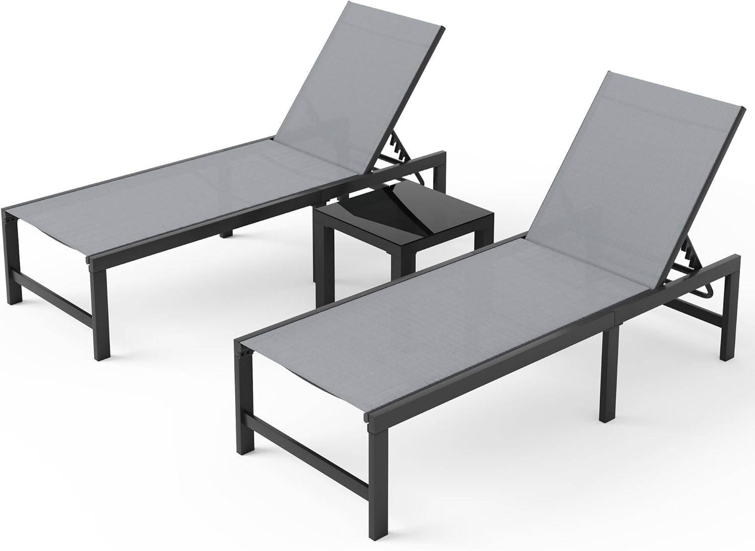 UDPATIO Chaise Lounge Outdoor Set of 3, Aluminum Lounge Chair, 5 Adjustable Position Backrest Pool Lounger with Wheels and Side Table for Patio Pool Patio (Grey)