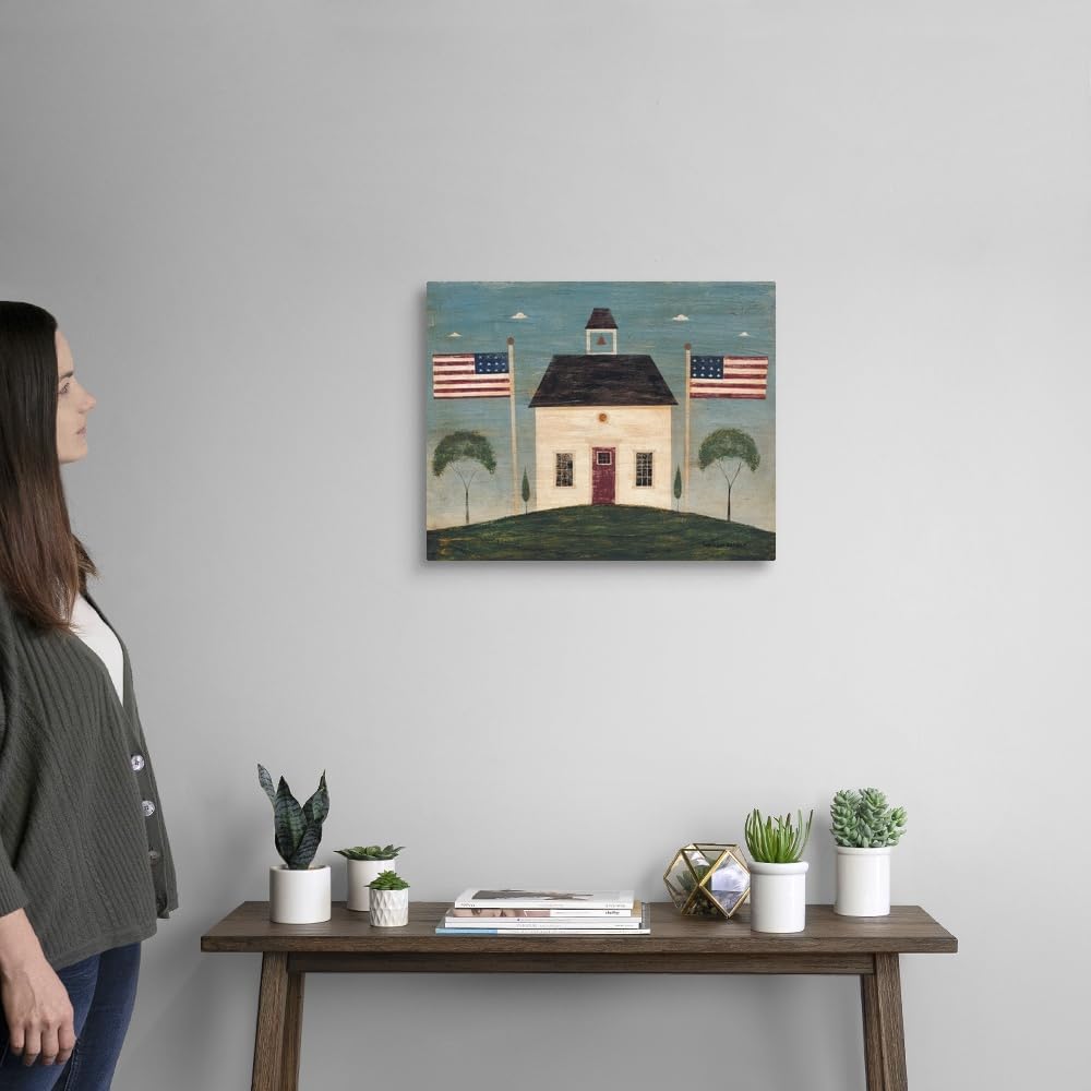 CANVAS ON DEMAND School House Canvas Wall Art Print by Warren Kimble, Home Decor, Patriotic, American Flag Artwork,20" x16in