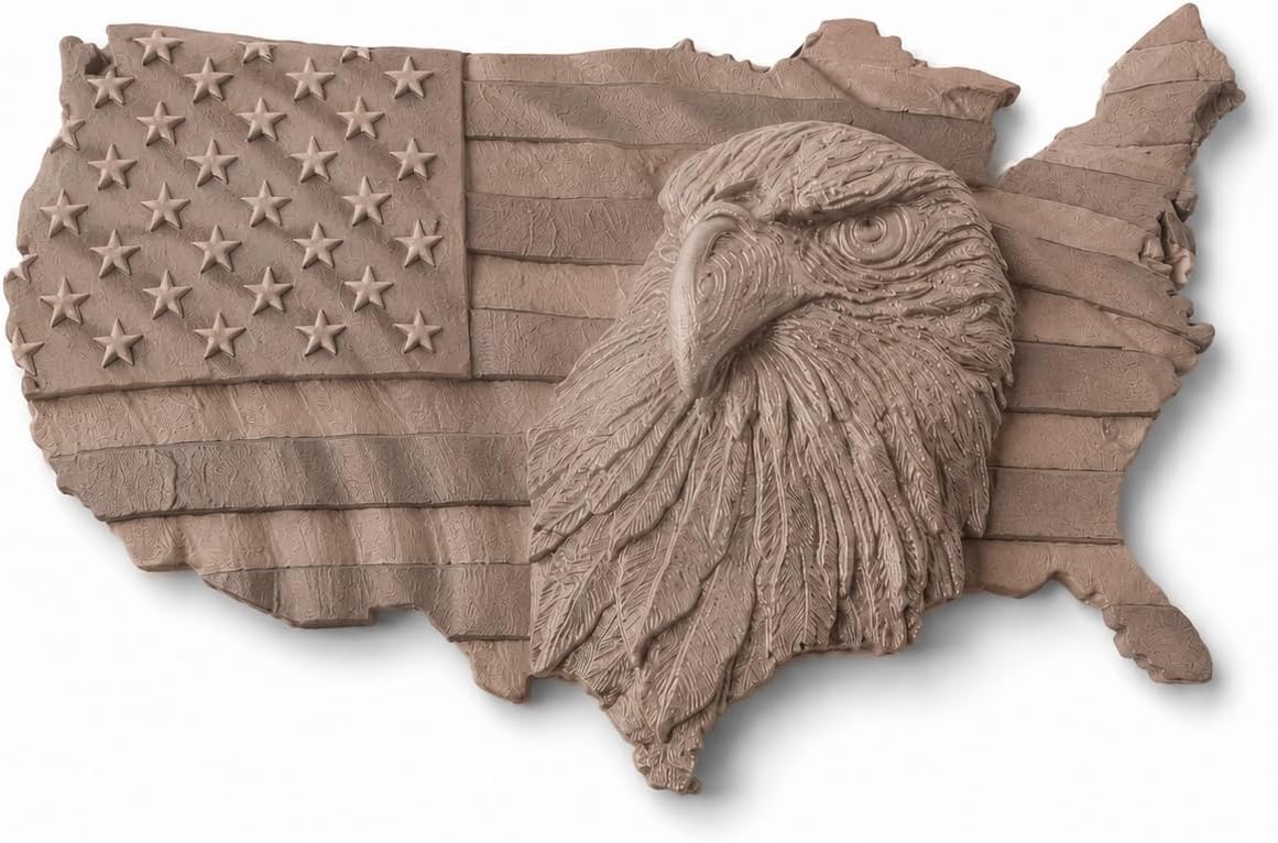 American Flag Eagle Wall Decor, Wood Colored | 3D Patriotic USA Map Wall Mount, Raised Eagle Stars and Stripes, July 4th Independence Day Decor, 12 Inch