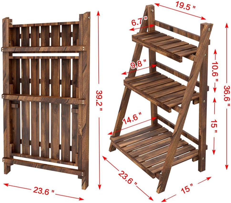 Yaheetech Folding Plant Stand Wooden Foldable Plant Shelf 3-Tier Flower Pot Stand Plants Display Shelf Rack Ladder Garden Indoors Outdoors 23.6 x 15 x 36.6in