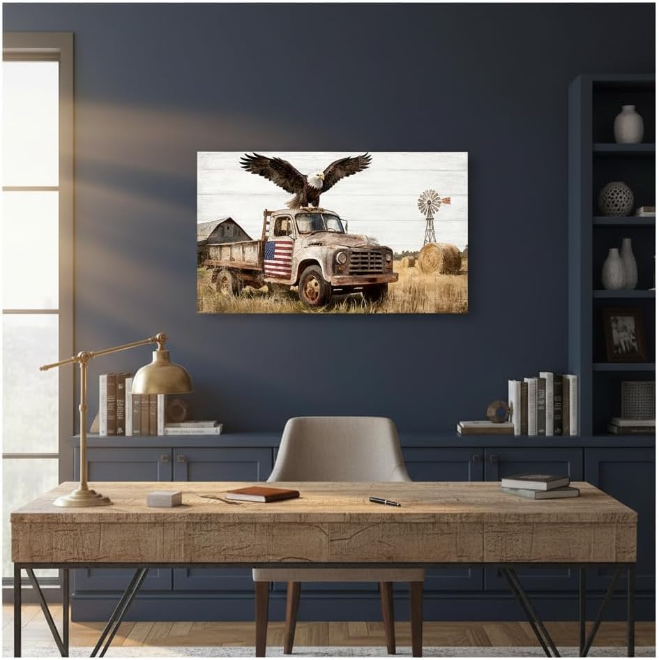 Fochorlo Farm Wall Decor Rustic Truck Wall Art Bald Eagle Painting American Flag Picture for Living Room Bed Room 20"X36"