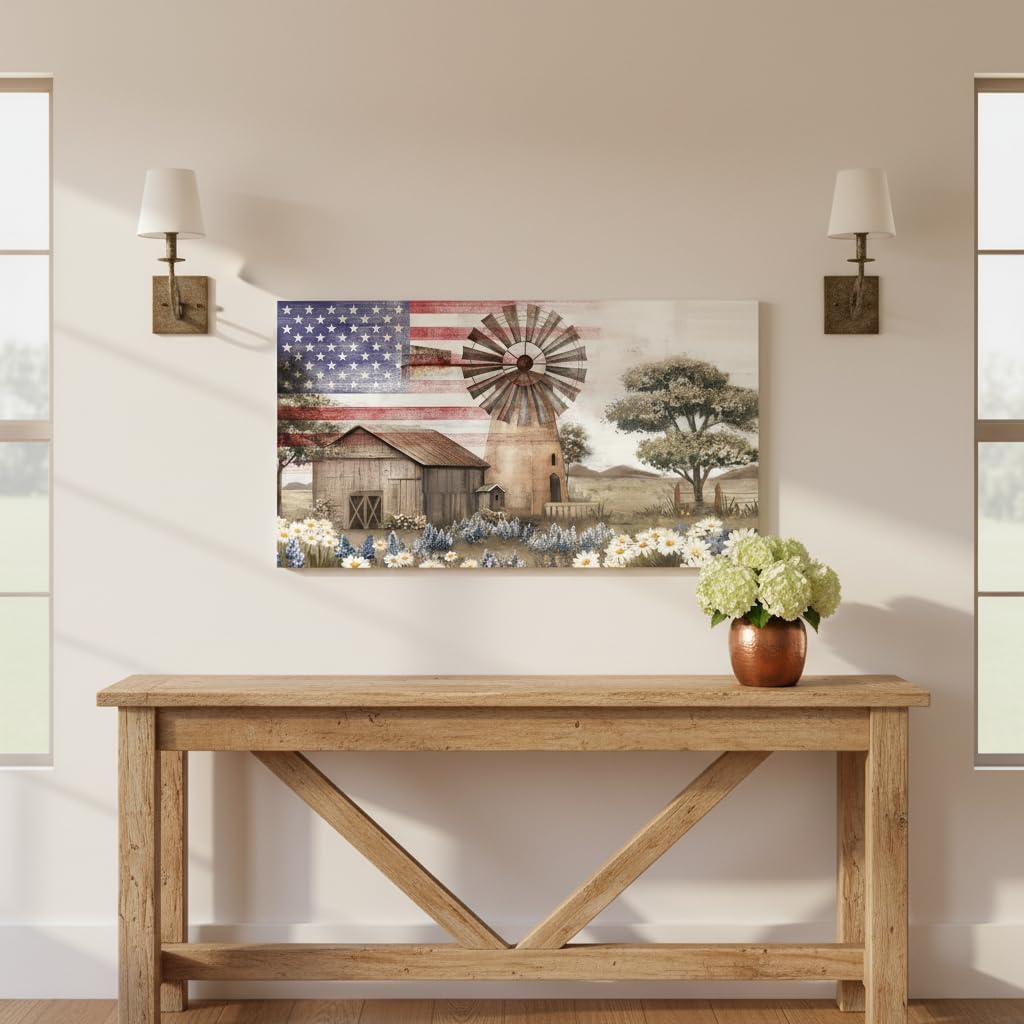 Conipit Rustic Farmhouse Wall Art American Flag Farmhouse Wall Decor with Barn and Windmill Patriotic Country Decor, Canvas Print 20''x36'' (brown red)