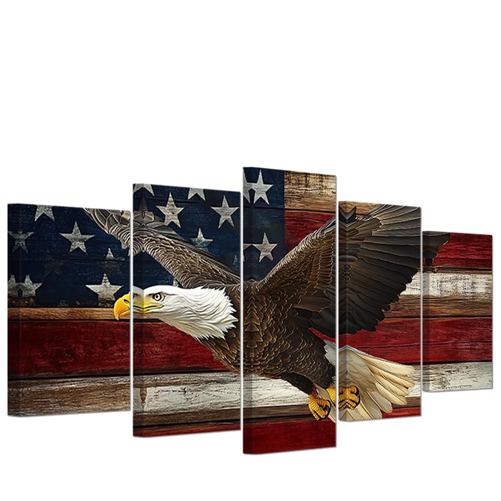 PBXBJY Highland Cow Wall Art 5 Panels Patriotic Canvas Print Vintage American Flag Sunflower Pictures Rustic Country Living Room Office Decor Framed (10x16inx2 10x20inx2 10x24inx1)