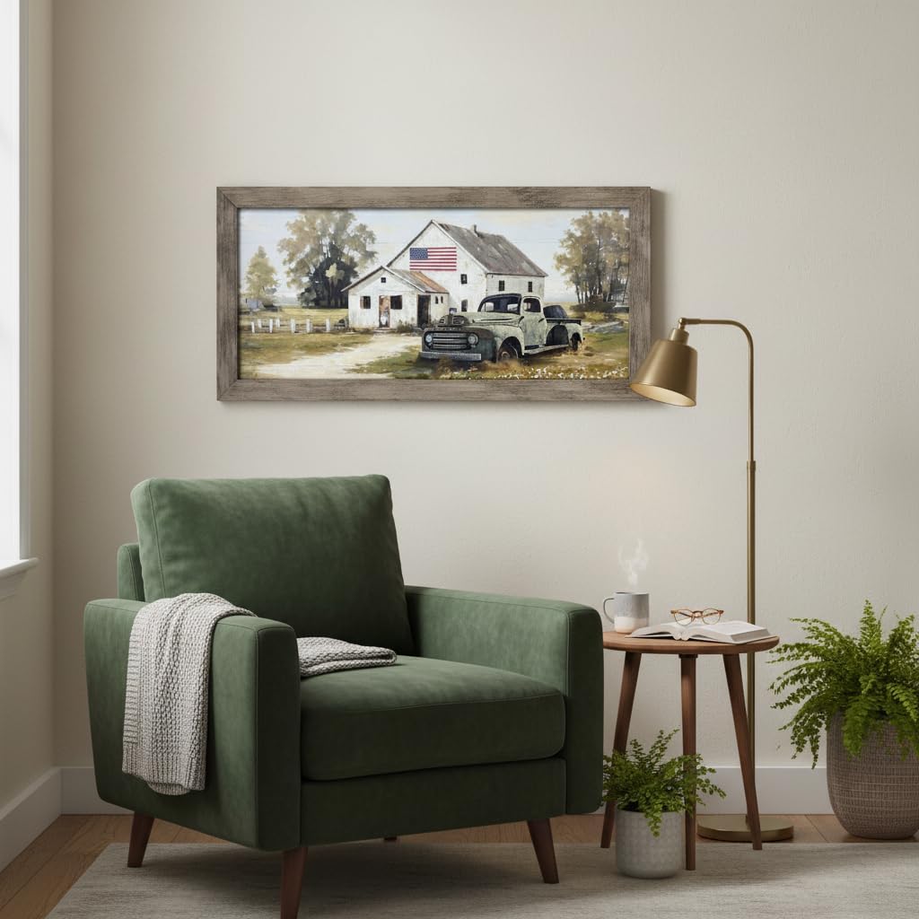 Farmhouse Framed Wall Art Decor: Rustic Country Scene Wood Picture Barn with American Flag Painting Artwork Farm Truck Countryside Print for Bedroom Home Living Room
