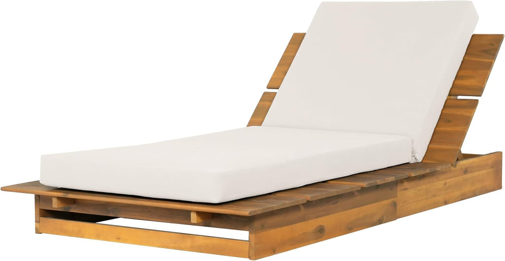 Bard Acacia Wood Chaise Lounge, 3-Position Recliner with Thick Cushion, Teak & Cream