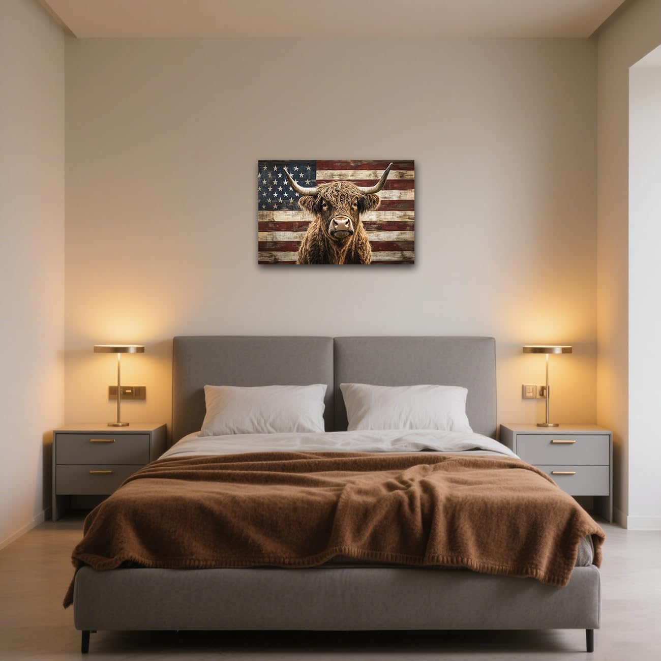 LZIMU American Flag Wall Art Highland Cow Canvas Print Fluffy Longhaired Cow Painting Vintage USA Flag Rustic Farmhouse Decor for Man Cave Office Framed (Gray, 16" L x 20" W)
