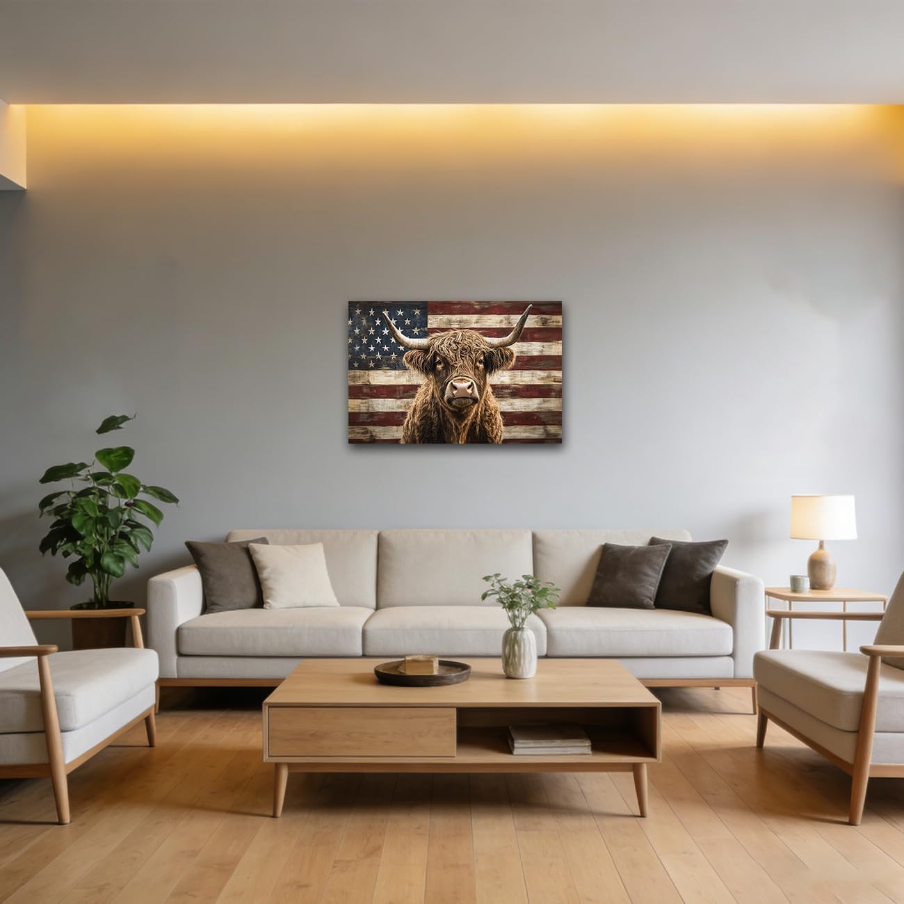 LZIMU American Flag Wall Art Highland Cow Canvas Print Fluffy Longhaired Cow Painting Vintage USA Flag Rustic Farmhouse Decor for Man Cave Office Framed (Gray, 16" L x 20" W)