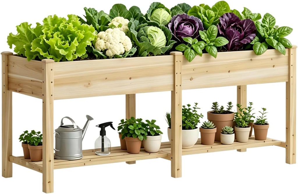 72x24x30.7in Wooden Planter Box with Storage Shelf Raised Garden Bed with Legs Elevated Wood Planter Box for Vegetables Flowers Herbs Garden Planter for Backyard Patio Balcony (Natural, Large)