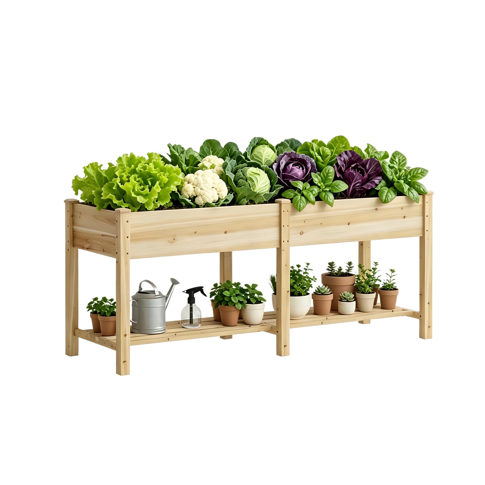 72x24x30.7in Wooden Planter Box with Storage Shelf Raised Garden Bed with Legs Elevated Wood Planter Box for Vegetables Flowers Herbs Garden Planter for Backyard Patio Balcony (Natural, Large)