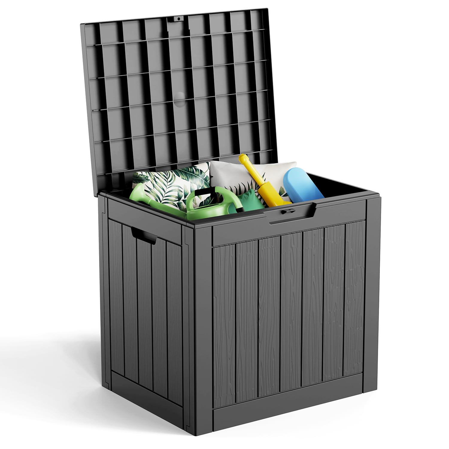 EasyUp 85 Gallon Outdoor Storage Box, Resin Waterproof UV-Resistant Deck Box, Reinforced Stability for Patio, Garden, and Poolside, Striped Black