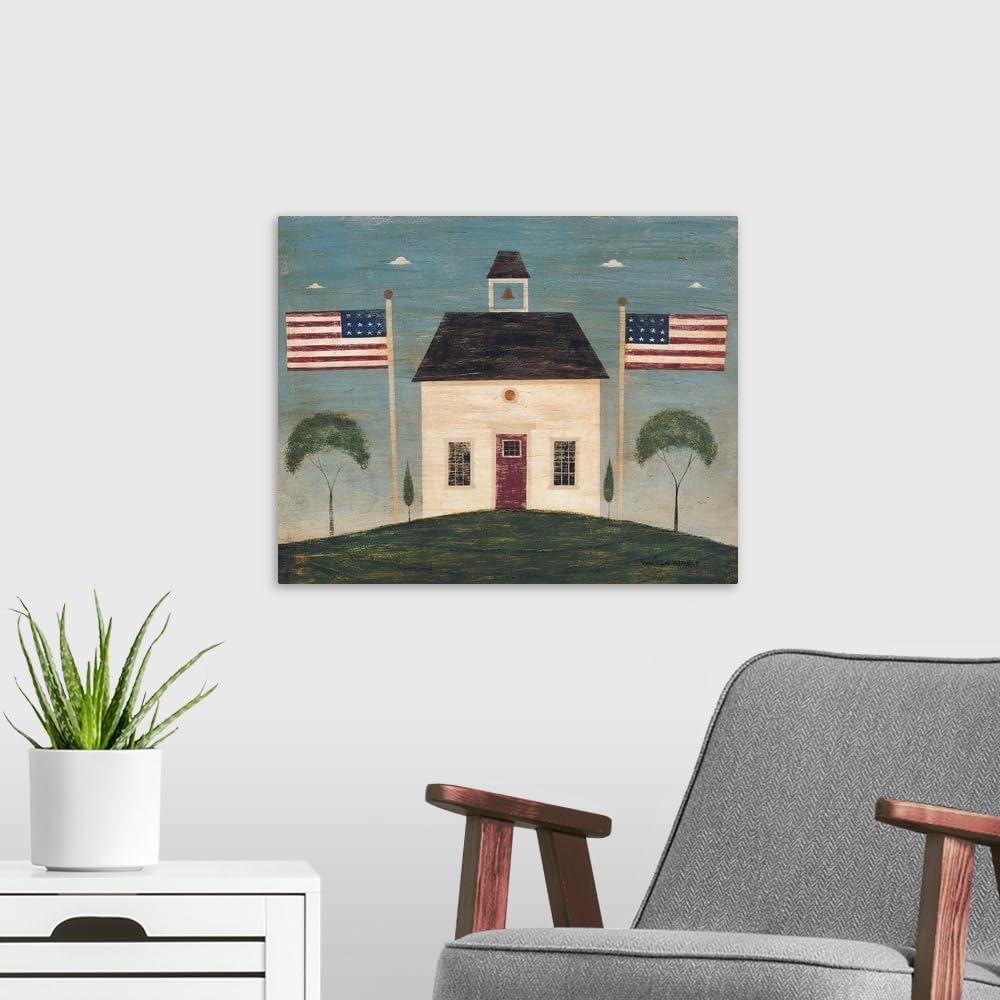 CANVAS ON DEMAND School House Canvas Wall Art Print by Warren Kimble, Home Decor, Patriotic, American Flag Artwork,20" x16in