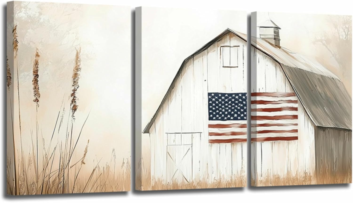 YMXDYMJSW 3 Pieces Vintage Barn Wall Art American Flag & Barn Pictures Farmhouse Landscape Canvas Prints Patriotic Flag Paintings for Living Room Decor Frame (White,16.00" x 24.00" x 3PCS)