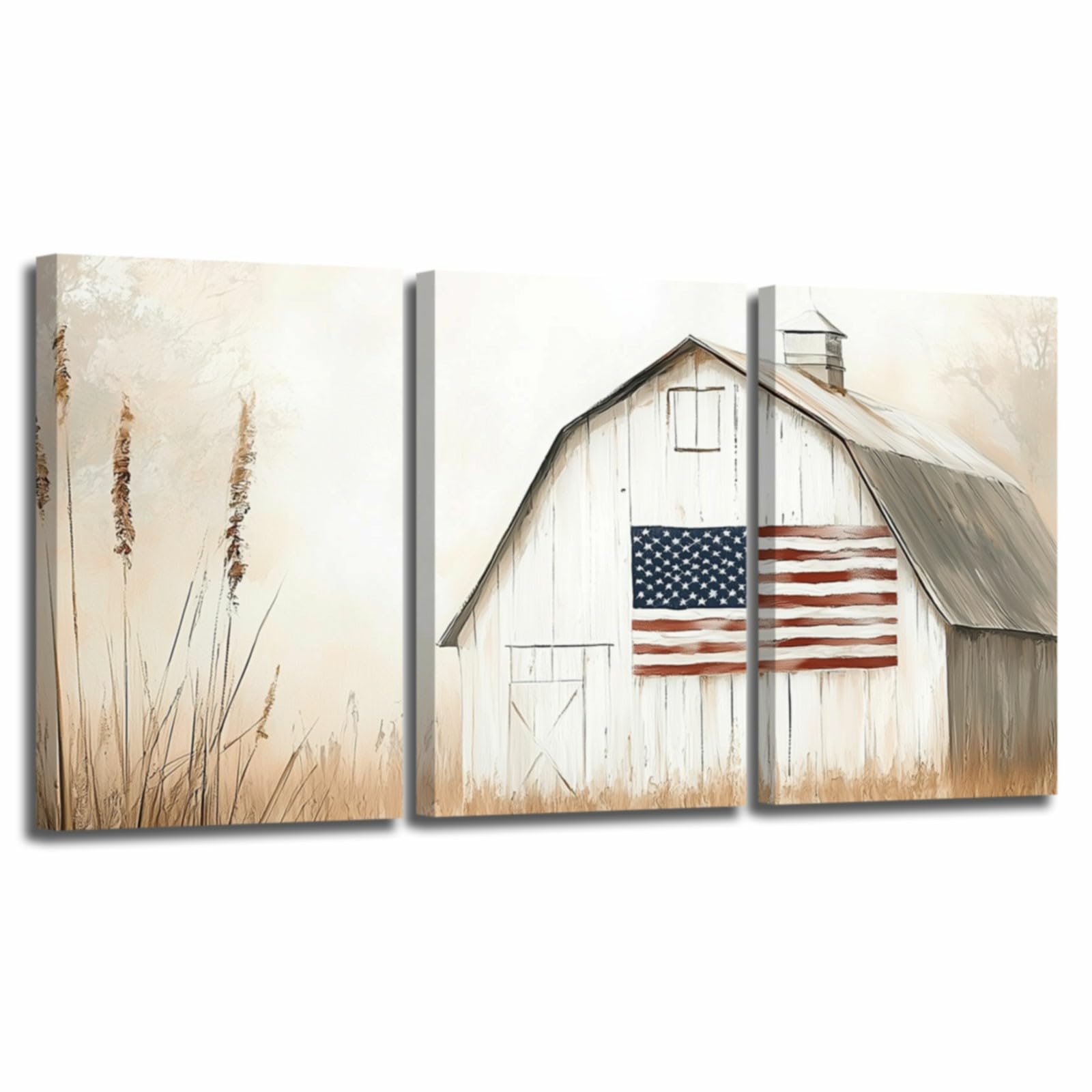 YMXDYMJSW 3 Pieces Vintage Barn Wall Art American Flag & Barn Pictures Farmhouse Landscape Canvas Prints Patriotic Flag Paintings for Living Room Decor Frame (White,16.00" x 24.00" x 3PCS)