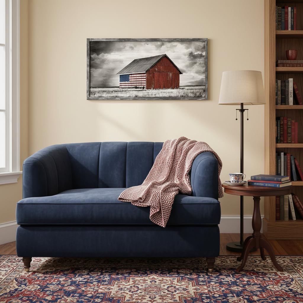 Farmhouse Wood Wall Art Picture: Living Room Framed Rustic Old Barn American Flag Painting Decor Bedroom Large Black White Country Rural Farm Scene Print Horizontal Patriotic Countryside Nature