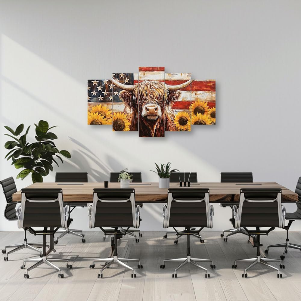 PBXBJY Highland Cow Wall Art 5 Panels Patriotic Canvas Print Vintage American Flag Sunflower Pictures Rustic Country Living Room Office Decor Framed (10x16inx2 10x20inx2 10x24inx1)
