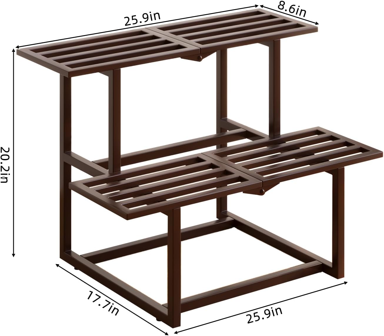 Plant Stand Indoor Outdoor, Foldable Metal Plant Shelf for Multiple Pots, Mid Century Slatted Bench for Patio Garden, Heavy Duty Capacity 330 lbs 2 Tier Coffe