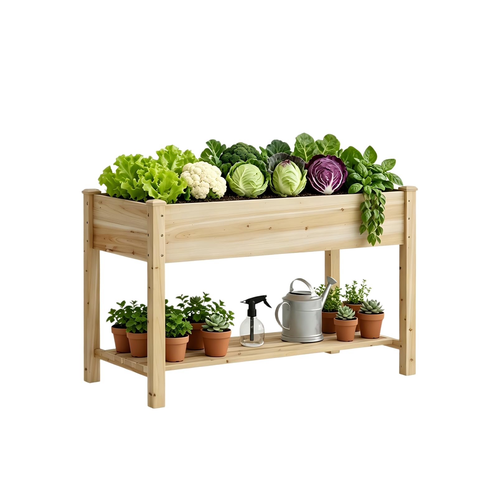 72x24x30.7in Wooden Planter Box with Storage Shelf Raised Garden Bed with Legs Elevated Wood Planter Box for Vegetables Flowers Herbs Garden Planter for Backyard Patio Balcony (Natural, Large)