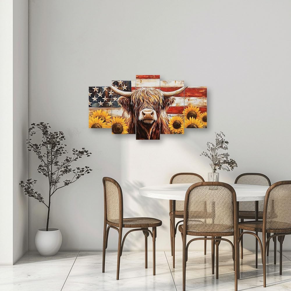 PBXBJY Highland Cow Wall Art 5 Panels Patriotic Canvas Print Vintage American Flag Sunflower Pictures Rustic Country Living Room Office Decor Framed (10x16inx2 10x20inx2 10x24inx1)