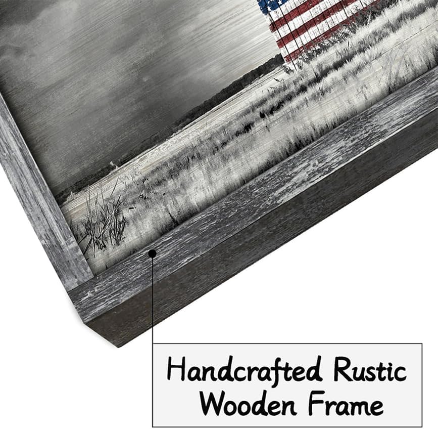 Farmhouse Wood Wall Art Picture: Living Room Framed Rustic Old Barn American Flag Painting Decor Bedroom Large Black White Country Rural Farm Scene Print Horizontal Patriotic Countryside Nature