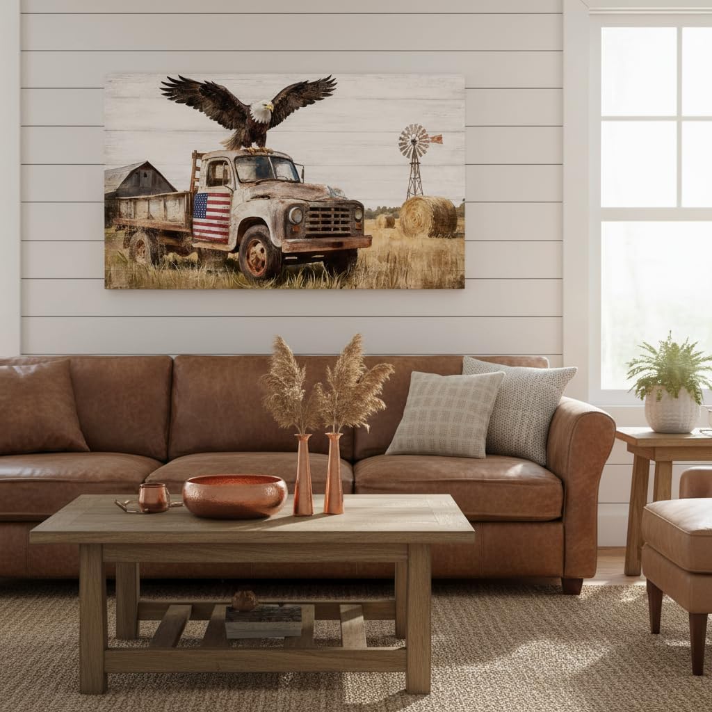Fochorlo Farm Wall Decor Rustic Truck Wall Art Bald Eagle Painting American Flag Picture for Living Room Bed Room 20"X36"