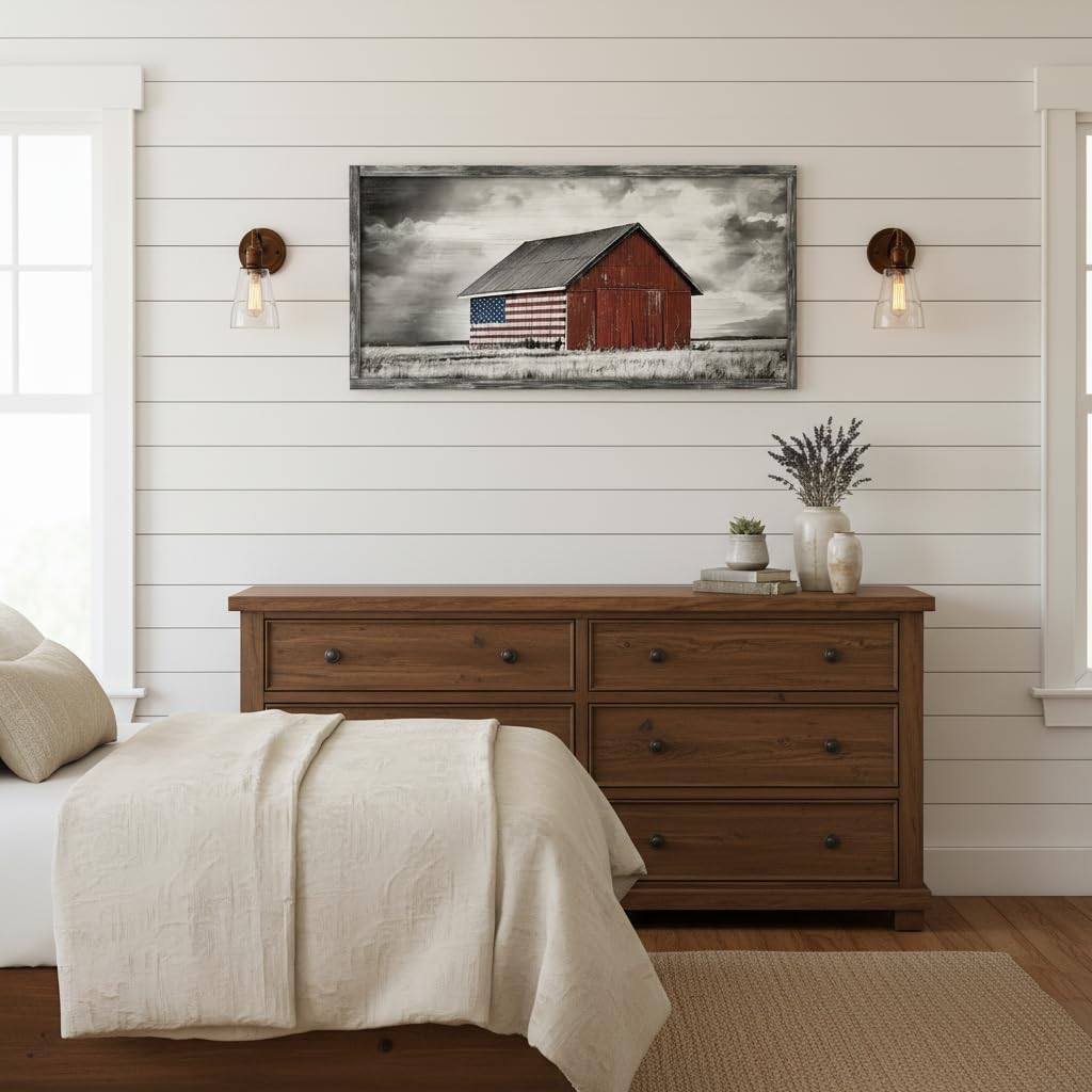 Farmhouse Wood Wall Art Picture: Living Room Framed Rustic Old Barn American Flag Painting Decor Bedroom Large Black White Country Rural Farm Scene Print Horizontal Patriotic Countryside Nature
