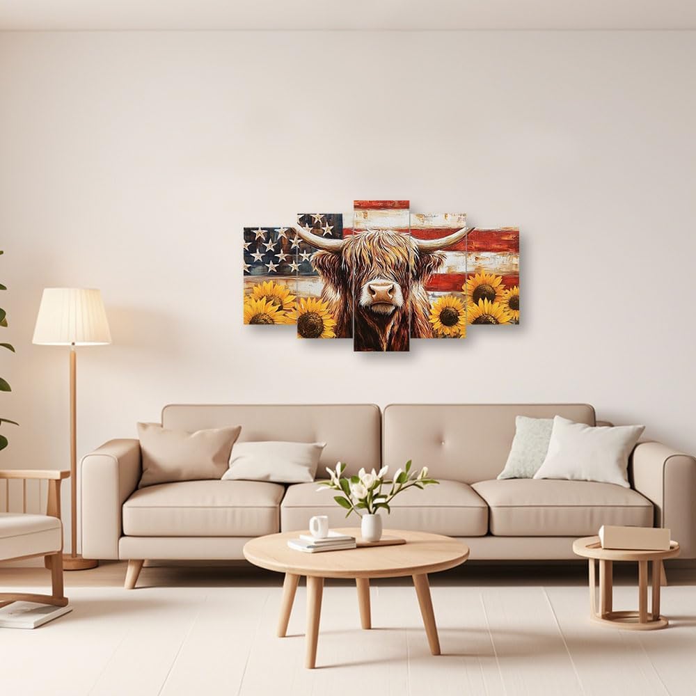 PBXBJY Highland Cow Wall Art 5 Panels Patriotic Canvas Print Vintage American Flag Sunflower Pictures Rustic Country Living Room Office Decor Framed (10x16inx2 10x20inx2 10x24inx1)