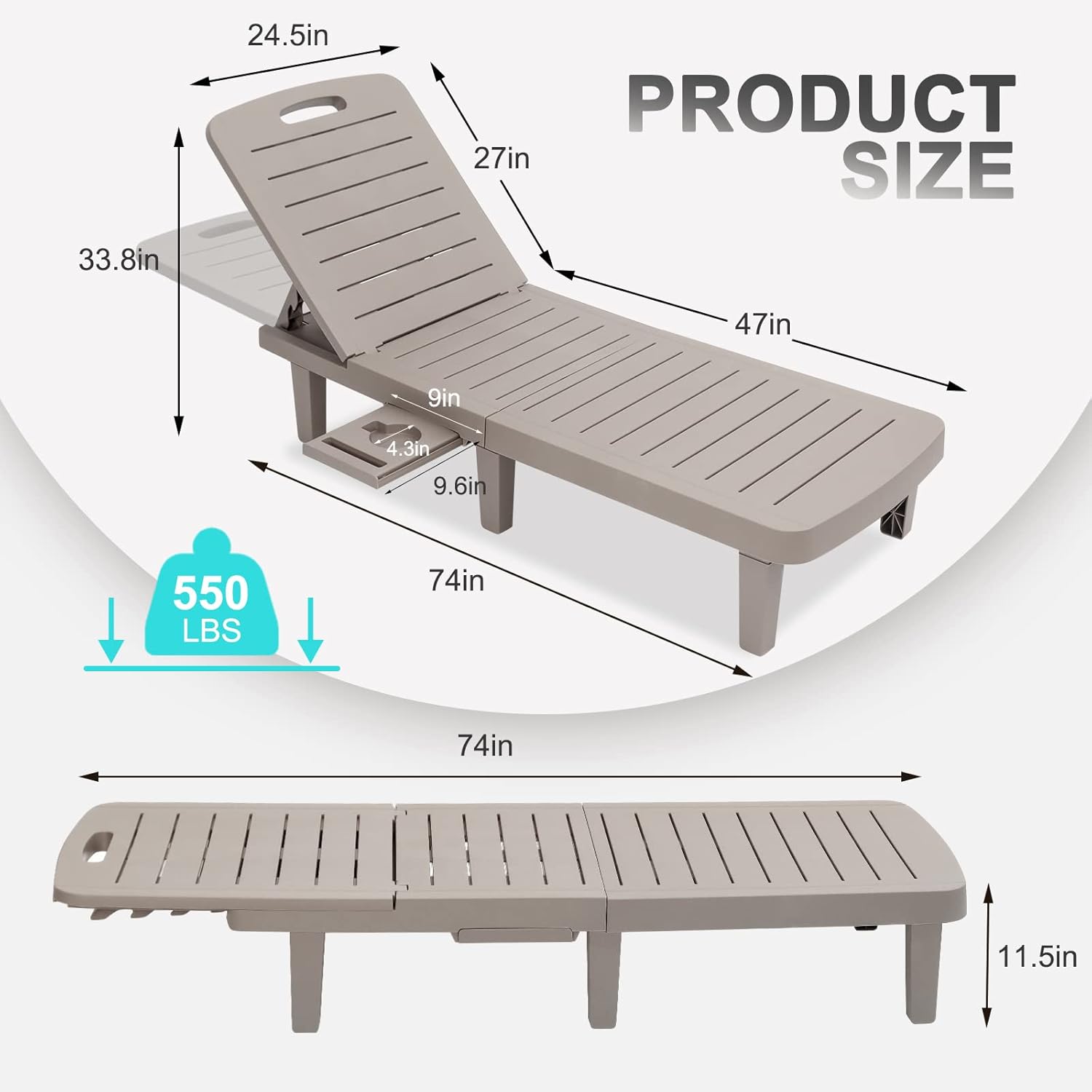 Outdoor Chaise Lounge Set of 4, Waterproof Resin Lounge Chairs for Outside w/Adjustable 5 Positions All Weather Use Recliner Chair for Patio, Poolside, Beach, Yard, Grey