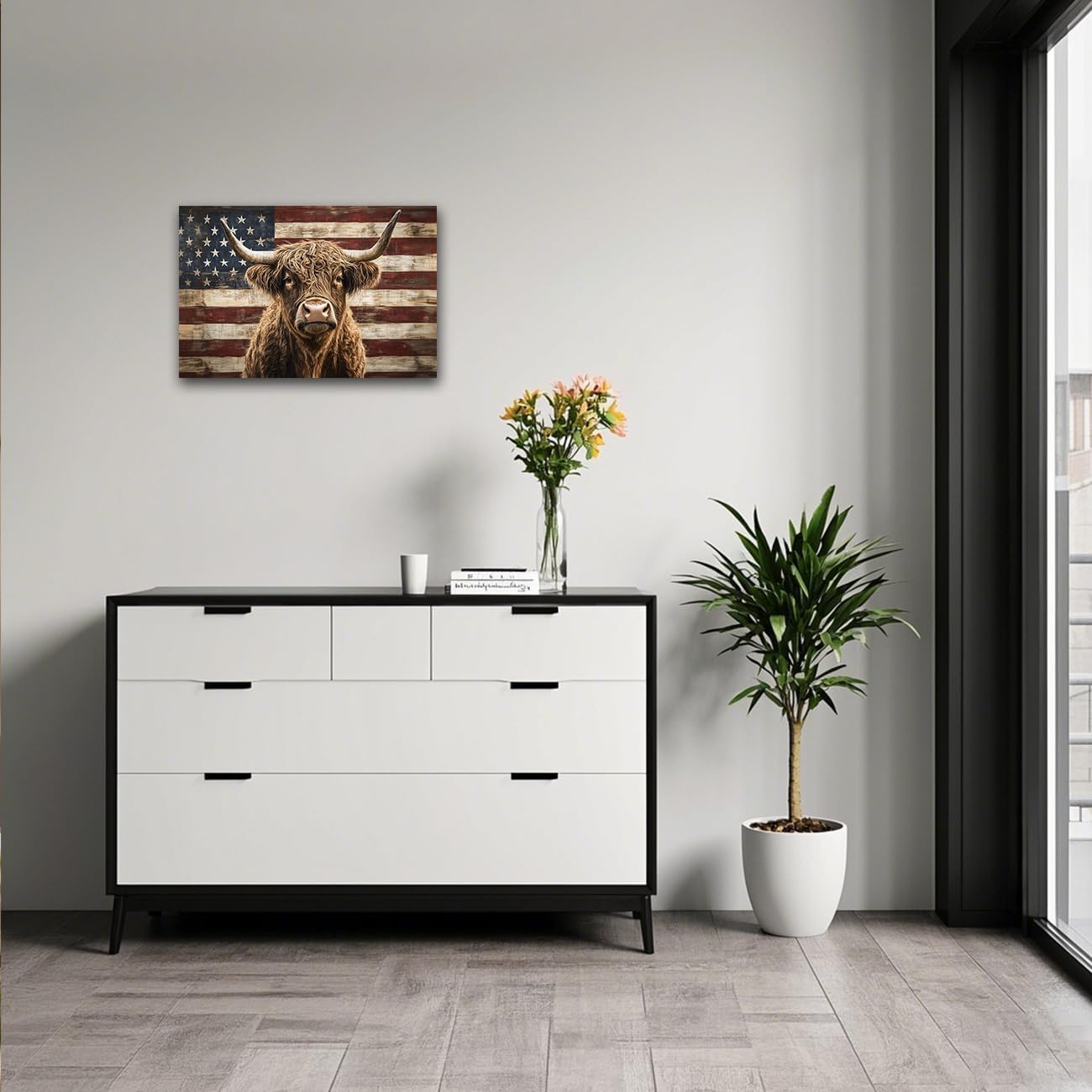 LZIMU American Flag Wall Art Highland Cow Canvas Print Fluffy Longhaired Cow Painting Vintage USA Flag Rustic Farmhouse Decor for Man Cave Office Framed (Gray, 16" L x 20" W)