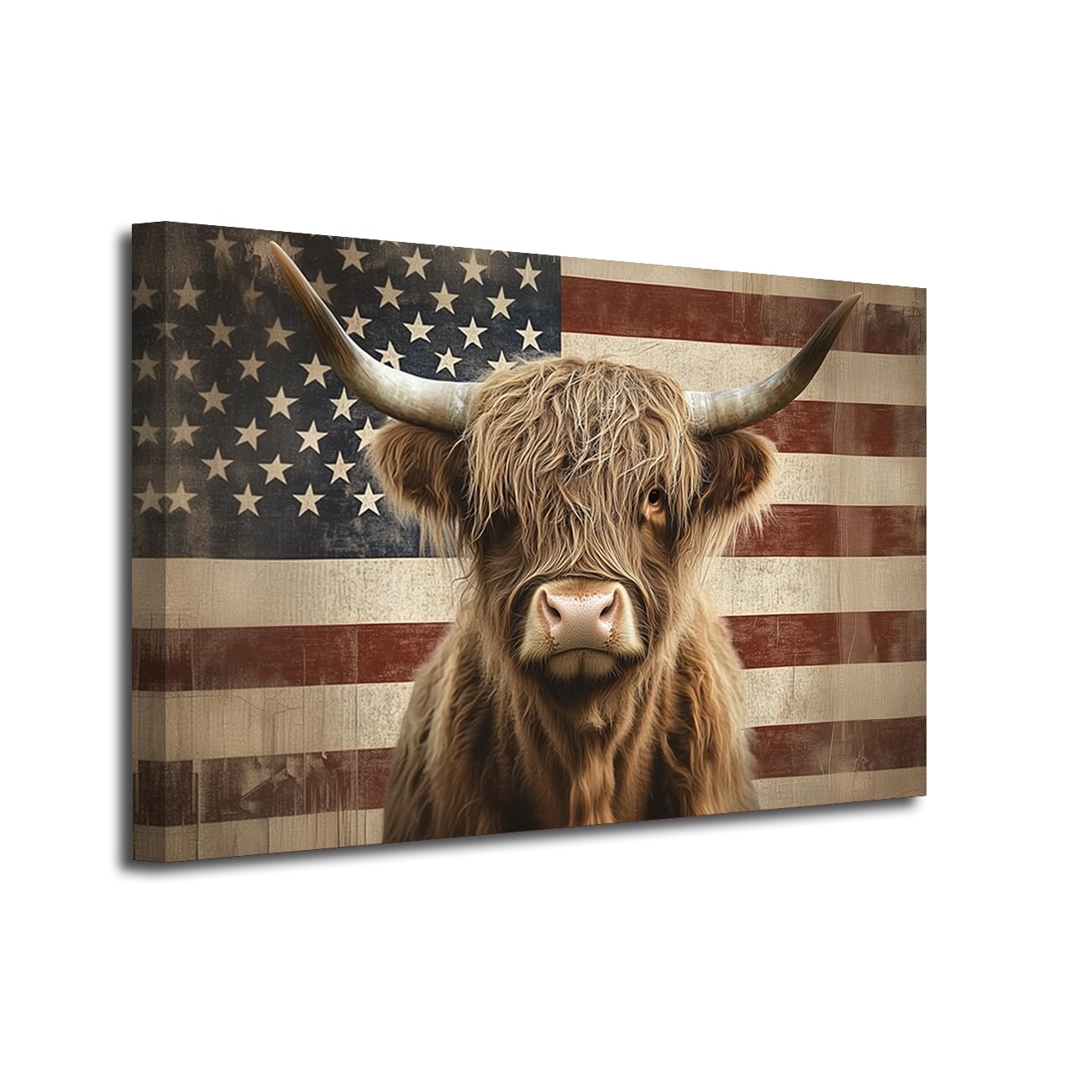 LZIMU American Flag Wall Art Highland Cow Canvas Print Fluffy Longhaired Cow Painting Vintage USA Flag Rustic Farmhouse Decor for Man Cave Office Framed (Gray, 16" L x 20" W)