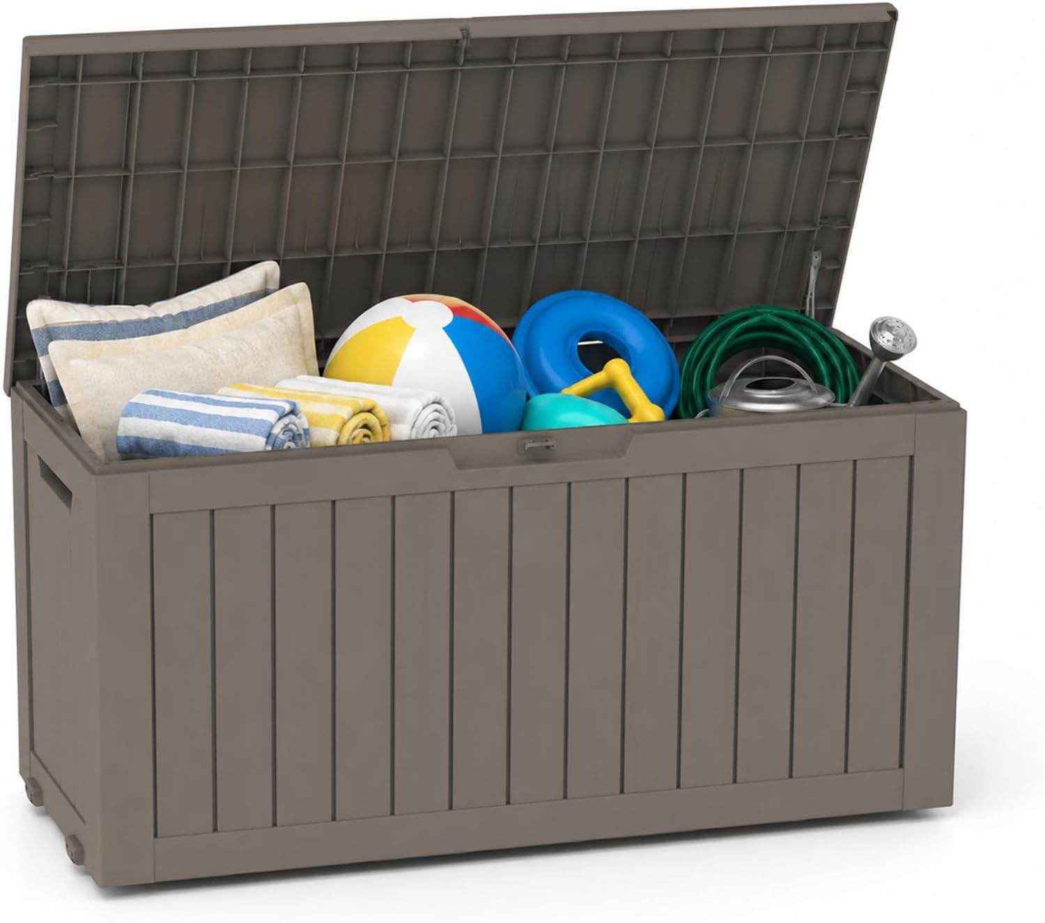 80 Gallon Deck Box with Wheels, Waterproof Resin Outdoor Storage, Easy Assembly, Rolling Bin for Patio Cushions, Pool Toys & Garden Tools, Brown