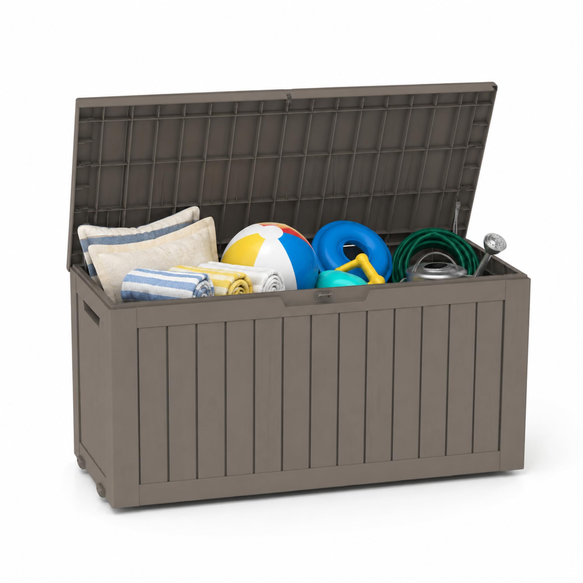 80 Gallon Deck Box with Wheels, Waterproof Resin Outdoor Storage, Easy Assembly, Rolling Bin for Patio Cushions, Pool Toys & Garden Tools, Brown