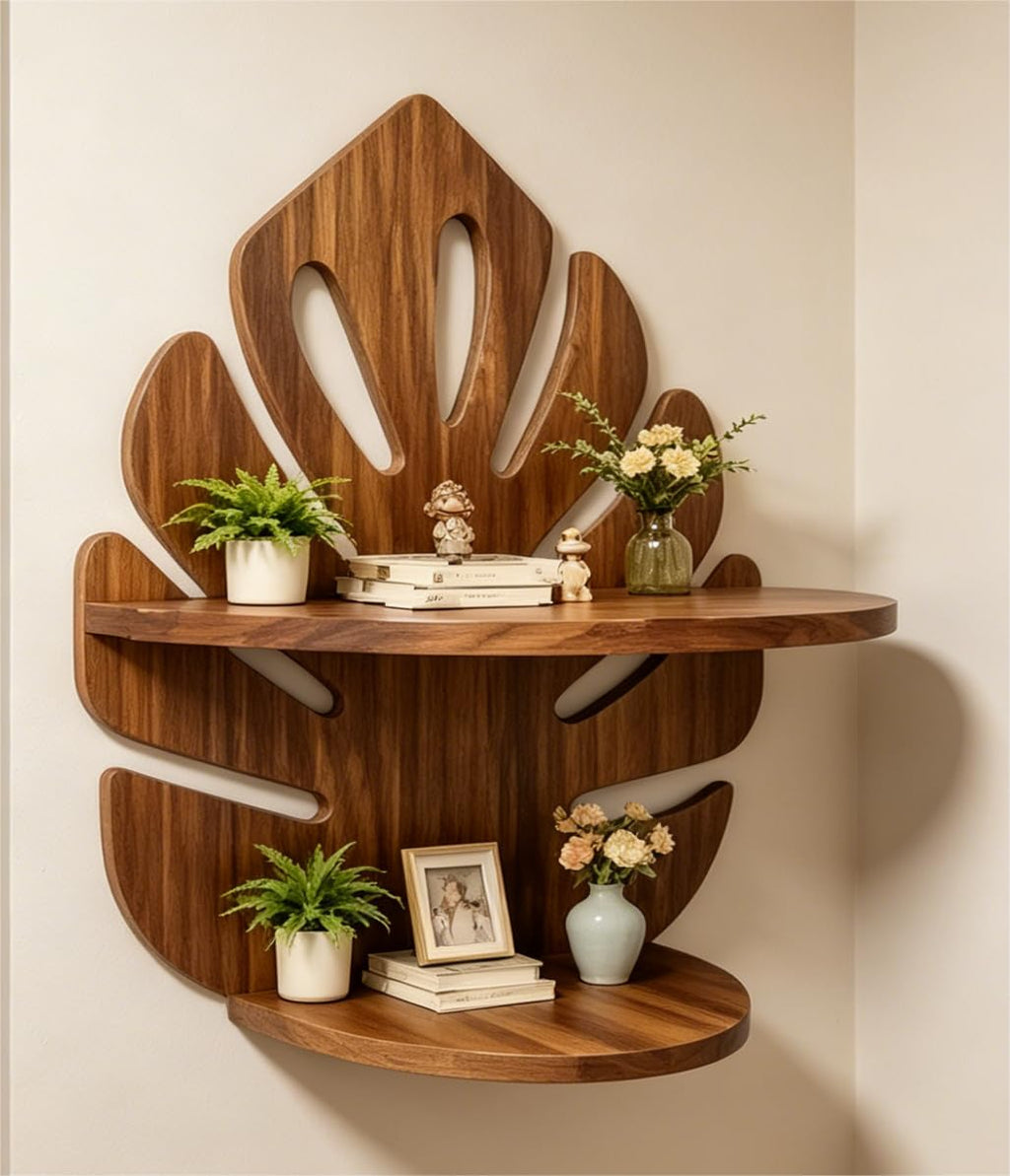 Valpeak 2 Pack Double Layer Floating Shelves for wall 15.8"*12.4" Palm Leaf Plant Shelf for Living Room, Bedroom, Kitchen, Office Decor