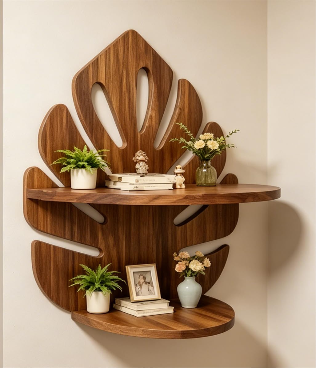 Valpeak 2 Pack Double Layer Floating Shelves for wall 15.8"*12.4" Palm Leaf Plant Shelf for Living Room, Bedroom, Kitchen, Office Decor