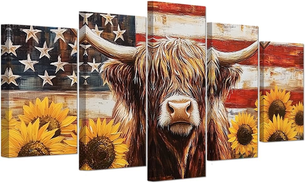 PBXBJY Highland Cow Wall Art 5 Panels Patriotic Canvas Print Vintage American Flag Sunflower Pictures Rustic Country Living Room Office Decor Framed (10x16inx2 10x20inx2 10x24inx1)