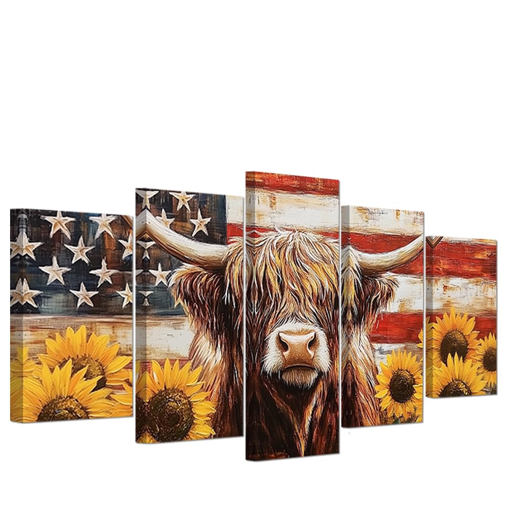 PBXBJY Highland Cow Wall Art 5 Panels Patriotic Canvas Print Vintage American Flag Sunflower Pictures Rustic Country Living Room Office Decor Framed (10x16inx2 10x20inx2 10x24inx1)