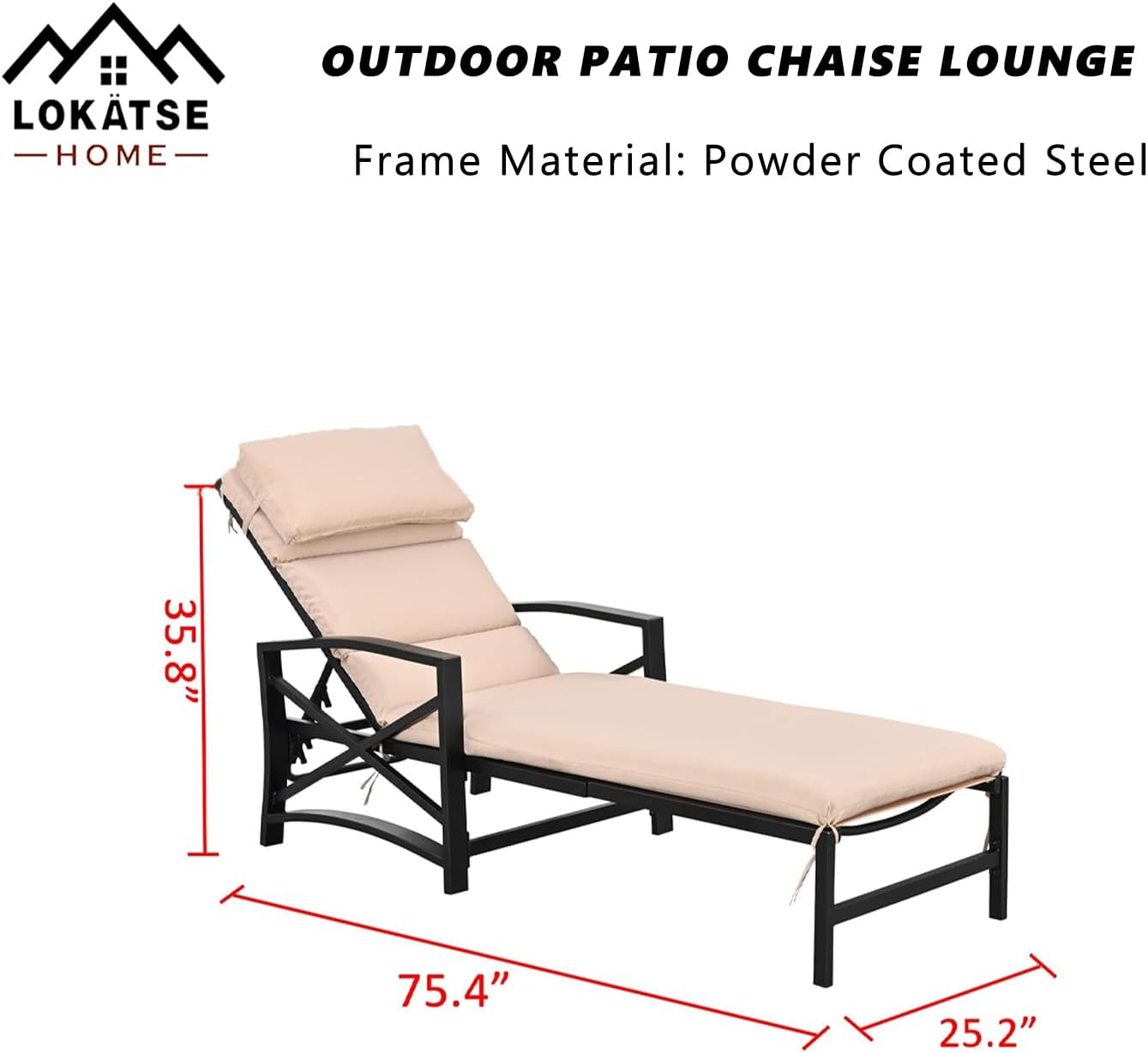 LOKATSE HOME Patio Chaise Lounge Chair Outdoor Furniture Reclining Adjustable with Cushion and Soft Pillow for Pool, Deck, Yard, Khaki