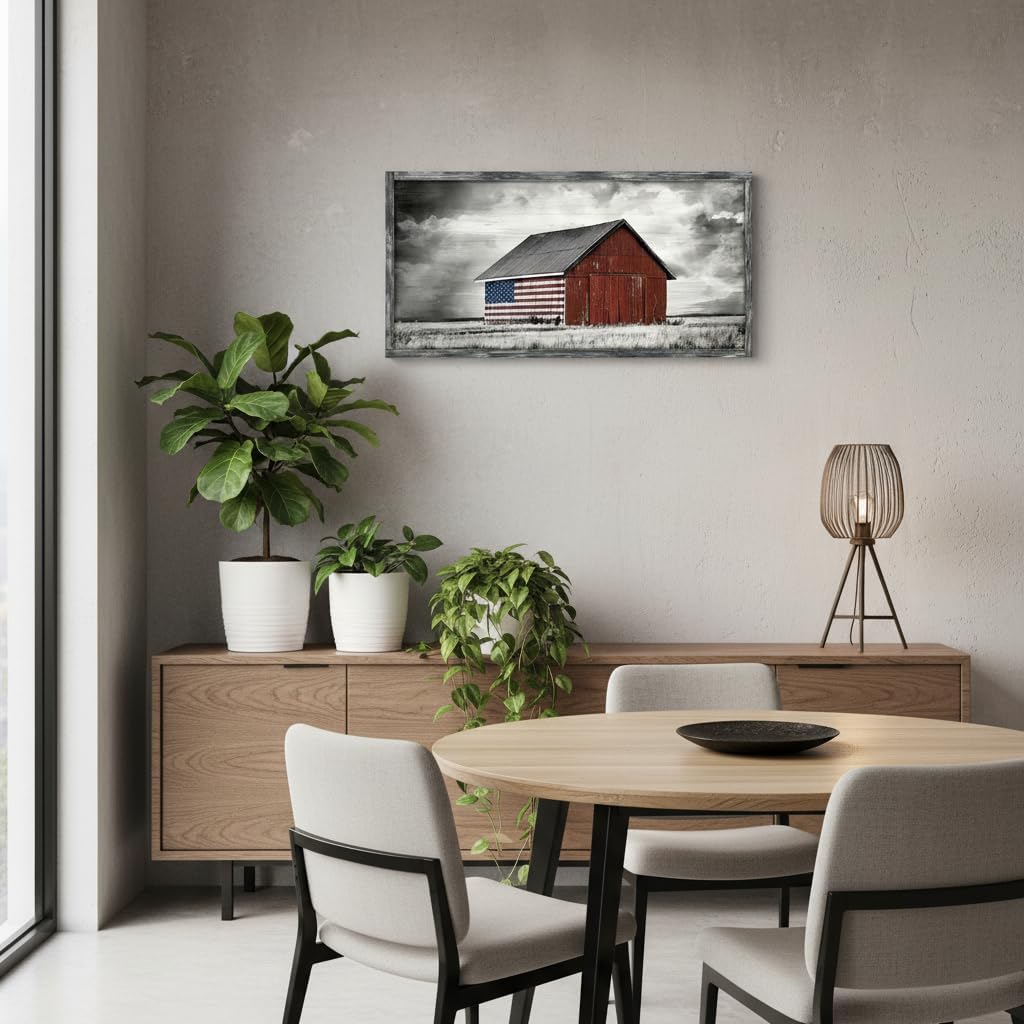 Farmhouse Wood Wall Art Picture: Living Room Framed Rustic Old Barn American Flag Painting Decor Bedroom Large Black White Country Rural Farm Scene Print Horizontal Patriotic Countryside Nature