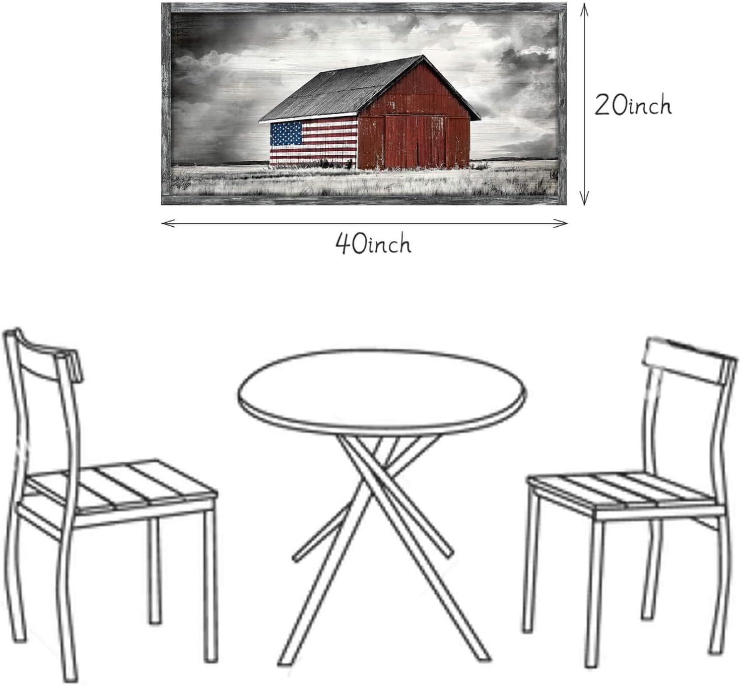 Farmhouse Wood Wall Art Picture: Living Room Framed Rustic Old Barn American Flag Painting Decor Bedroom Large Black White Country Rural Farm Scene Print Horizontal Patriotic Countryside Nature