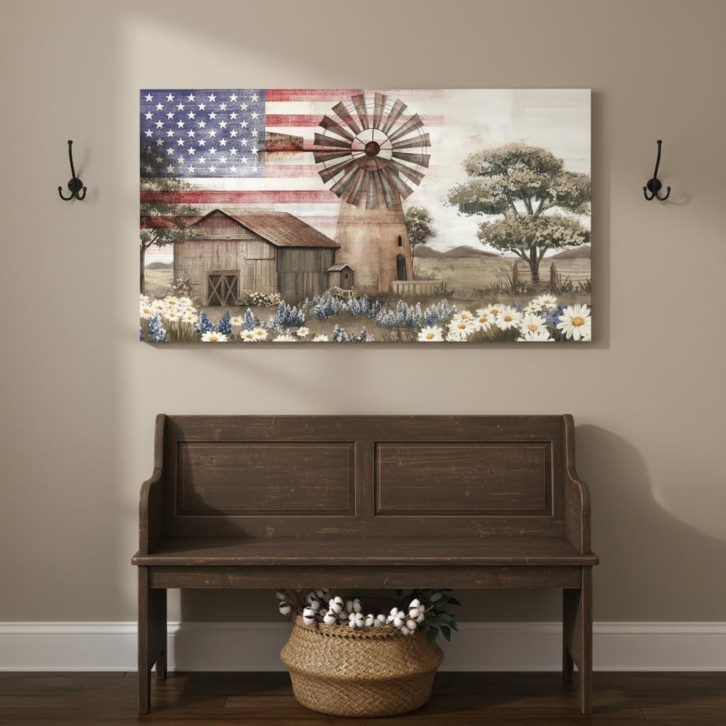 Conipit Rustic Farmhouse Wall Art American Flag Farmhouse Wall Decor with Barn and Windmill Patriotic Country Decor, Canvas Print 20''x36'' (brown red)