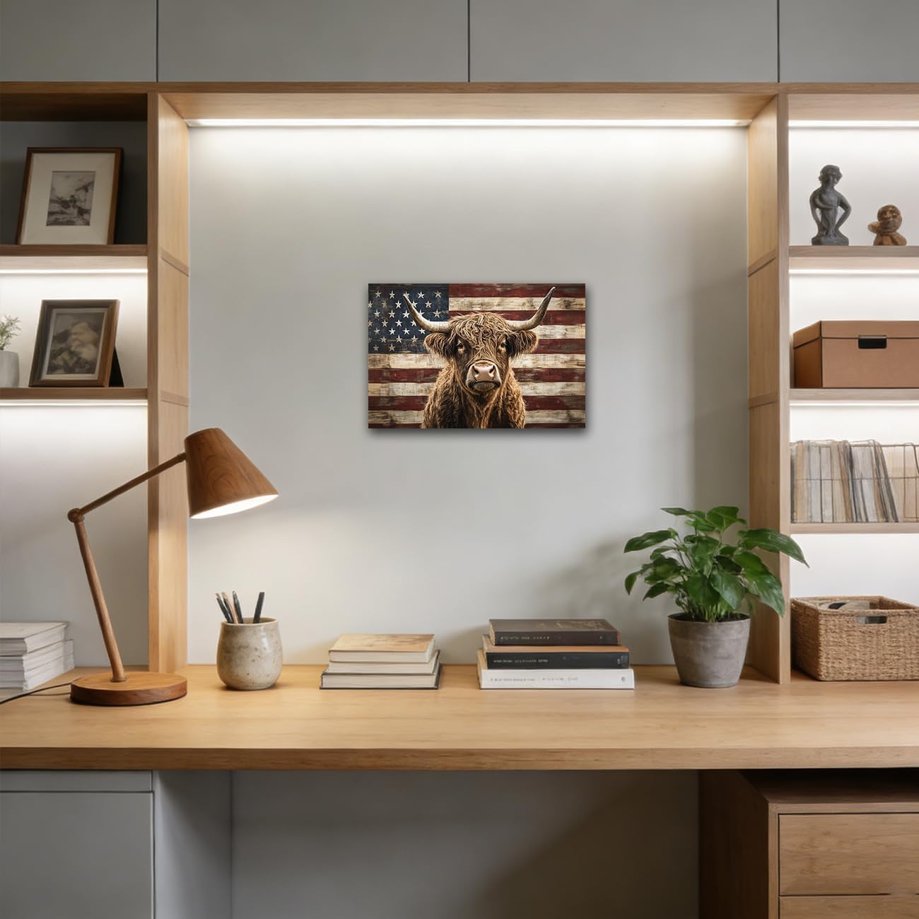 LZIMU American Flag Wall Art Highland Cow Canvas Print Fluffy Longhaired Cow Painting Vintage USA Flag Rustic Farmhouse Decor for Man Cave Office Framed (Gray, 16" L x 20" W)