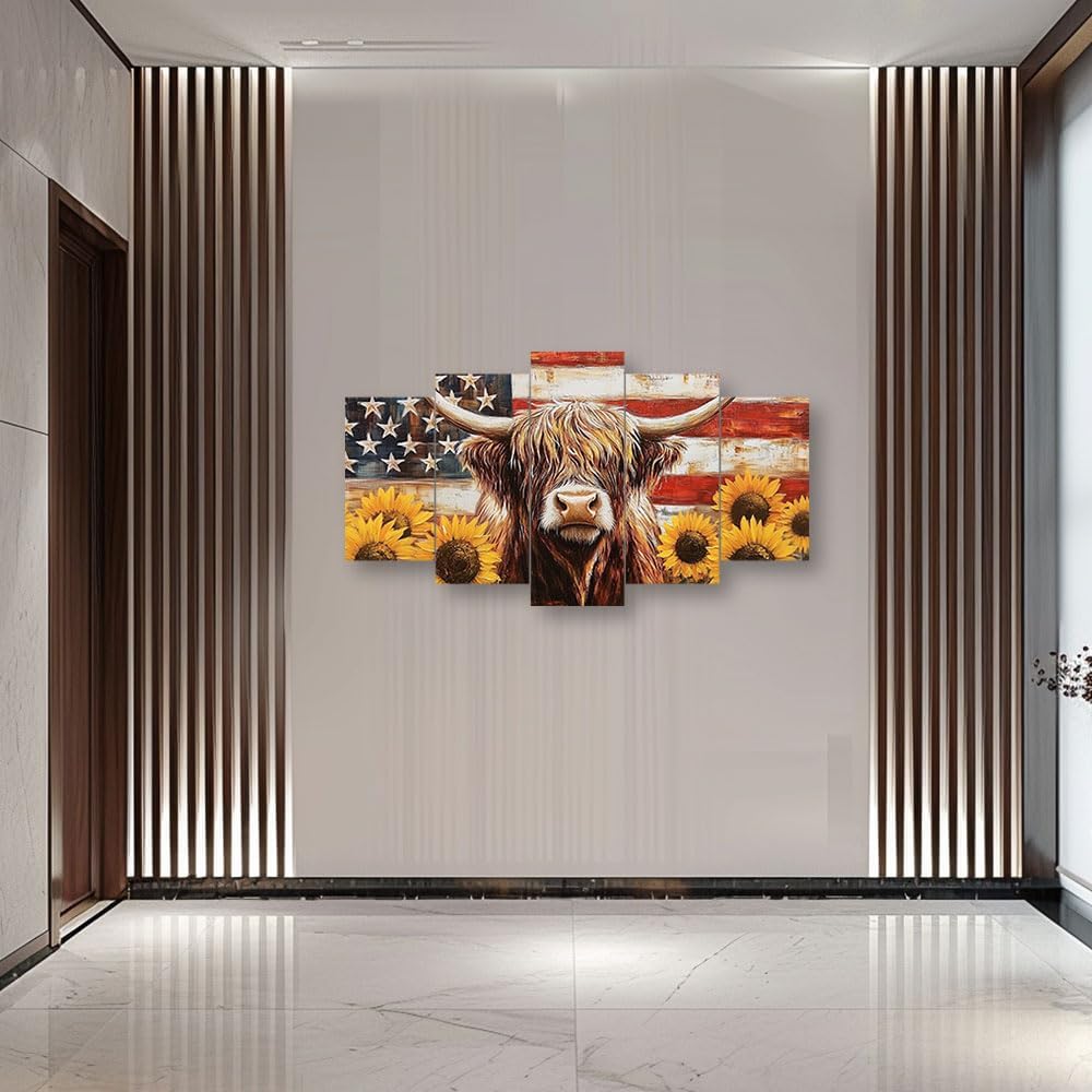PBXBJY Highland Cow Wall Art 5 Panels Patriotic Canvas Print Vintage American Flag Sunflower Pictures Rustic Country Living Room Office Decor Framed (10x16inx2 10x20inx2 10x24inx1)