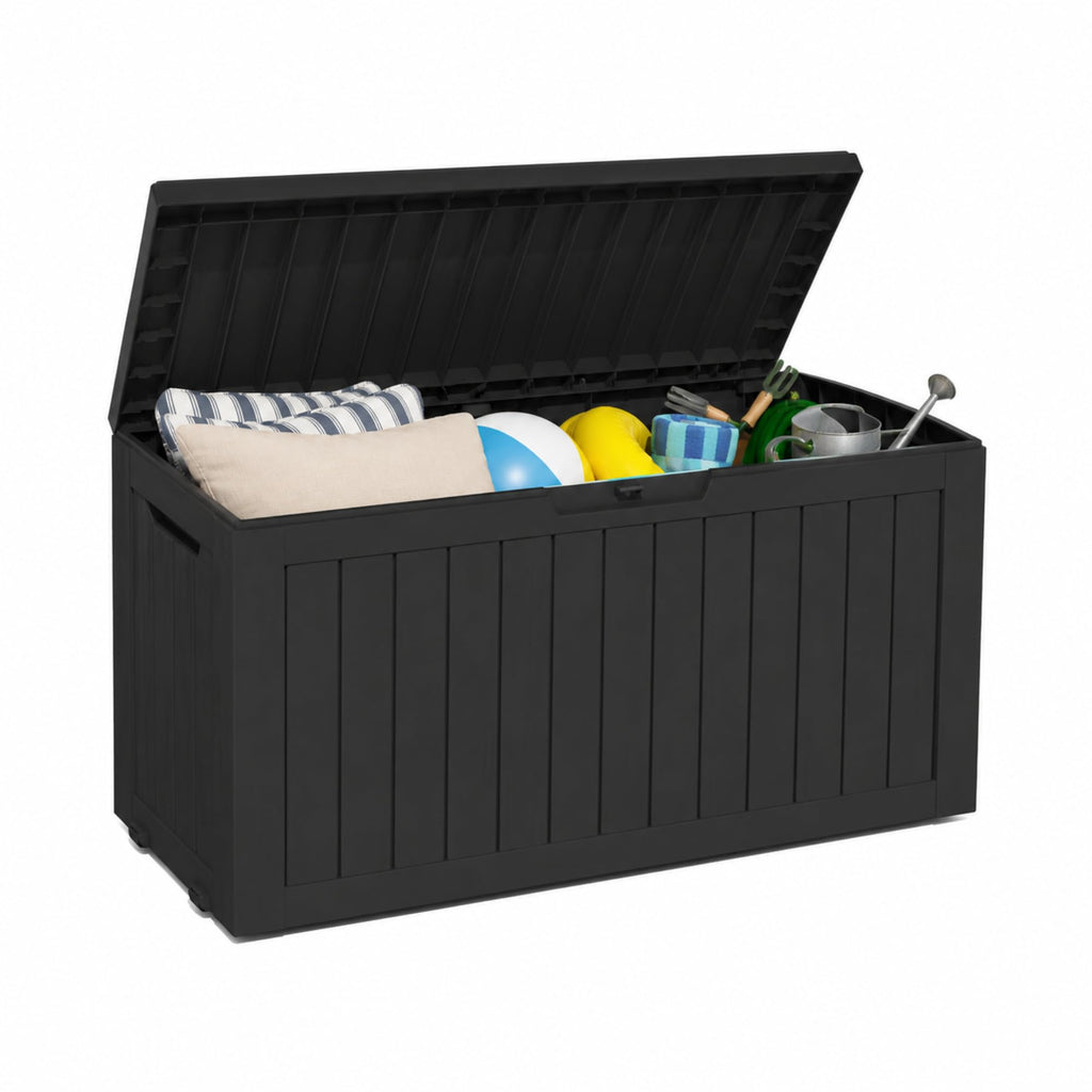 80 Gallon Deck Box with Wheels, Waterproof Resin Outdoor Storage, Easy Assembly, Rolling Bin for Patio Cushions, Pool Toys & Garden Tools, Brown