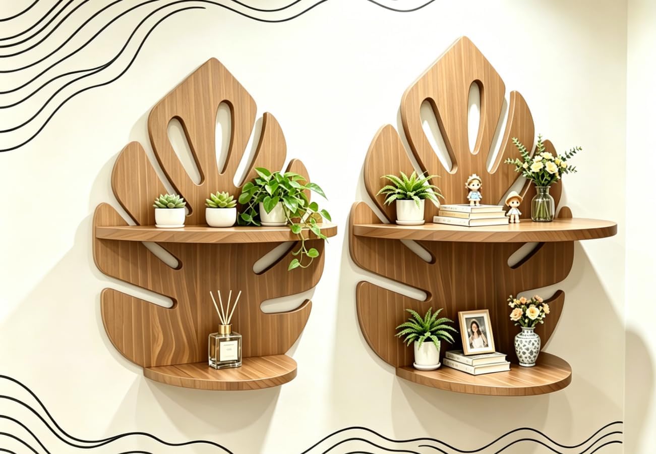 Valpeak 2 Pack Double Layer Floating Shelves for wall 15.8"*12.4" Palm Leaf Plant Shelf for Living Room, Bedroom, Kitchen, Office Decor
