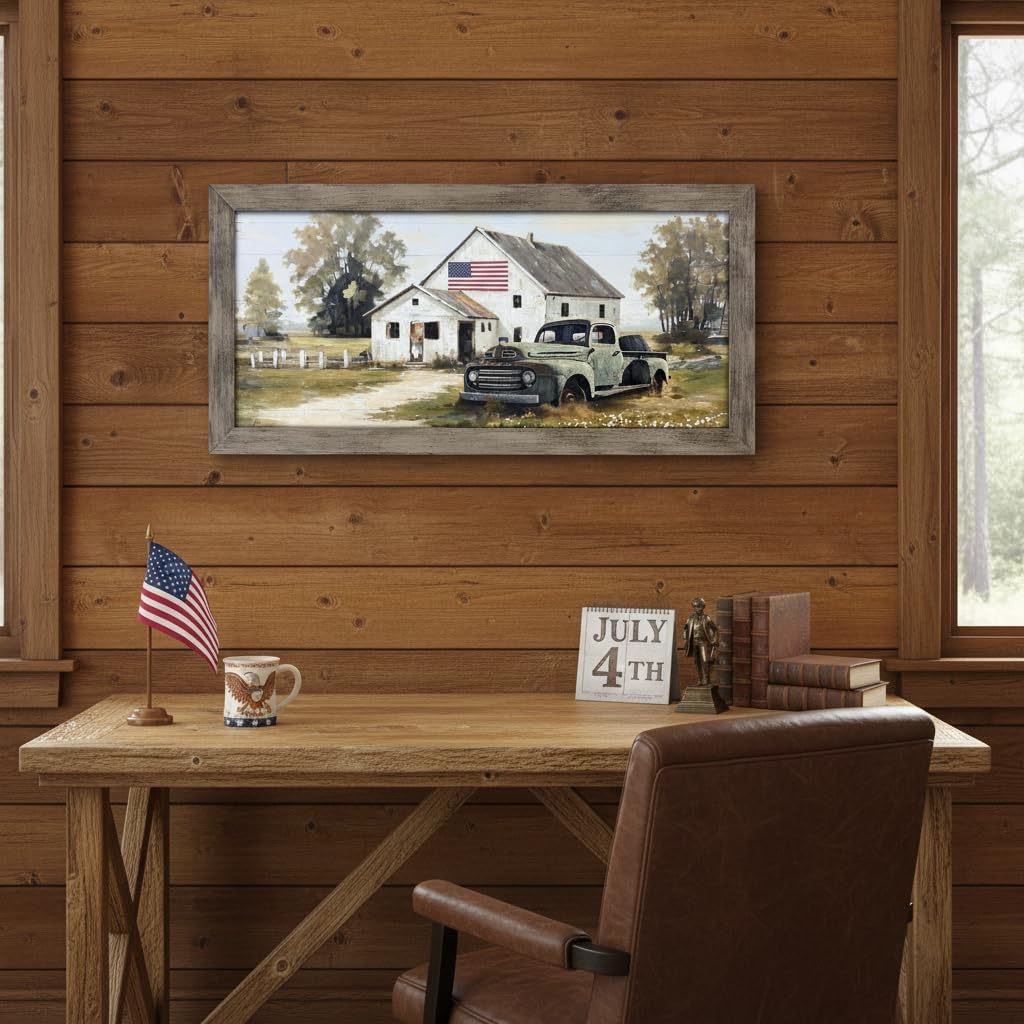 Farmhouse Framed Wall Art Decor: Rustic Country Scene Wood Picture Barn with American Flag Painting Artwork Farm Truck Countryside Print for Bedroom Home Living Room