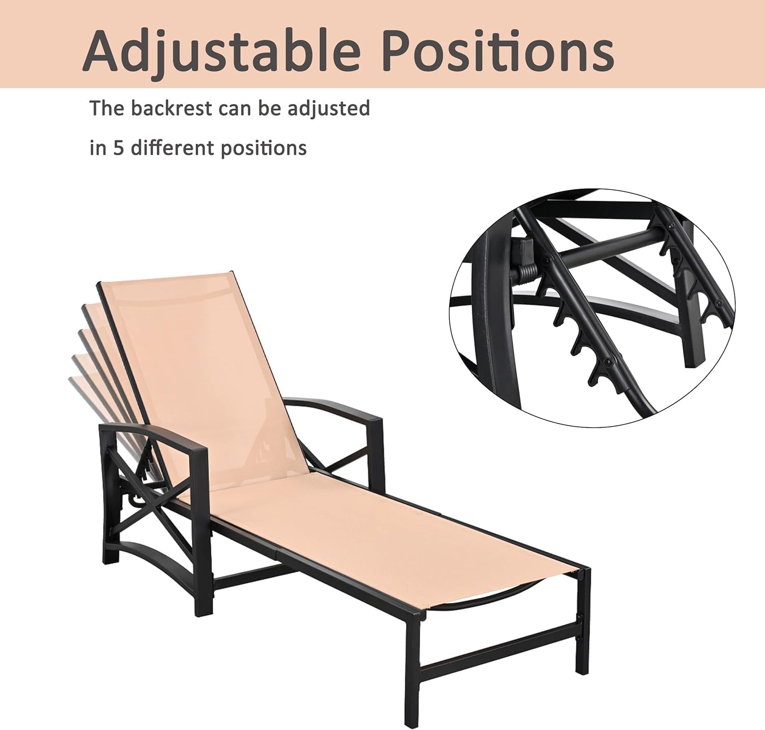 LOKATSE HOME Patio Chaise Lounge Chair Outdoor Furniture Reclining Adjustable with Cushion and Soft Pillow for Pool, Deck, Yard, Khaki